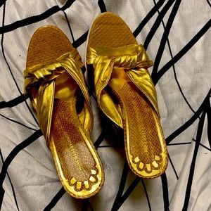 Gold Metallic Leather Bamboo Platform Slides